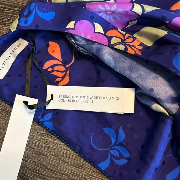 NWT Silvia Astore Jade Blue Floral Silk Midi Dress Size 42 |‎ Medium Long Sleeve - Picture 12 of 16